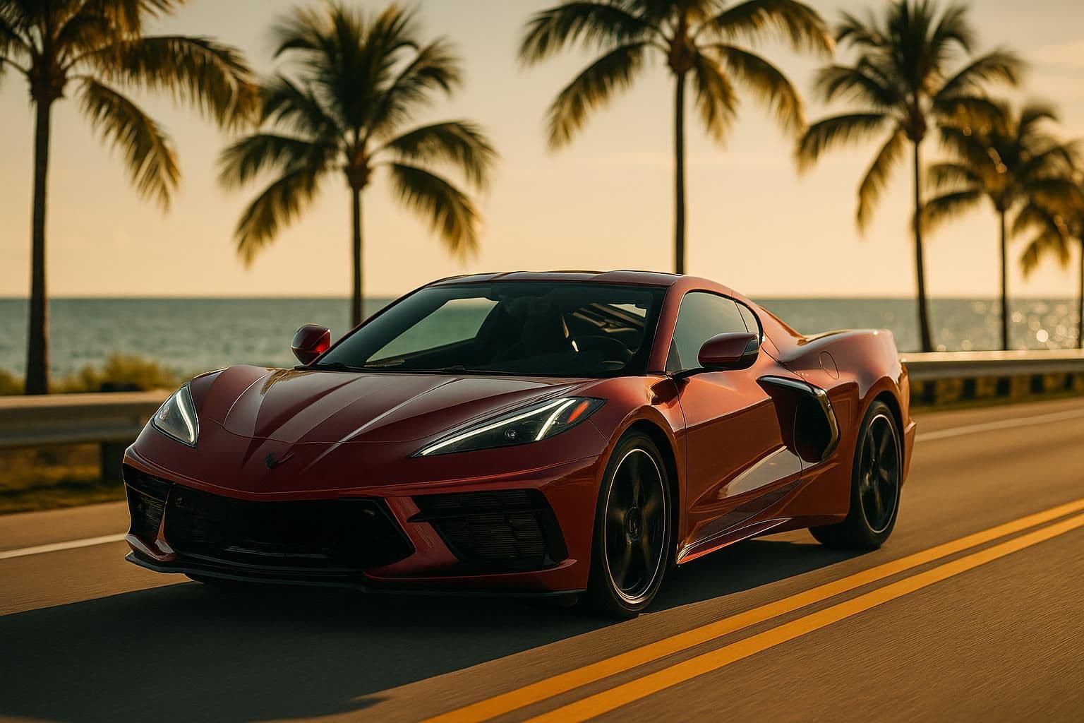 Corvette rental Florida C8 Stingray on a coastal road from Gainesville to Daytona Beach