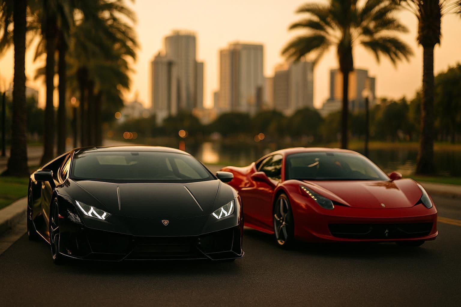 Exotic car rental Orlando lineup of Lamborghini and Ferrari supercars